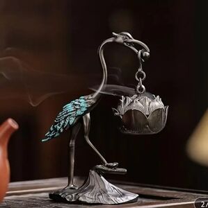 Enameled  Crane & Lotus Flower Cone Incense Censor